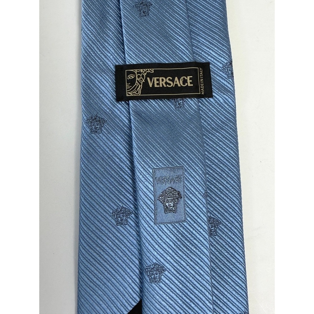 Versace Necktie Mens OS Blue Luxury Medusa Head Logo Ribbed Silk Made in Italy